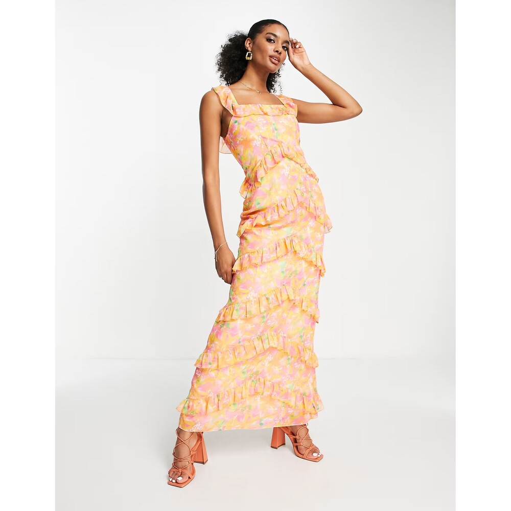 Pretty Lavish Cecile ruffle maxi dress orange and pink abstract floral size 2